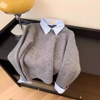 Fake Two shirts Collar Sweater Women s Autumn Outfit Lazy Linterior Contrasting Color Gray Knit Sweater Top With Flip Collar One Size