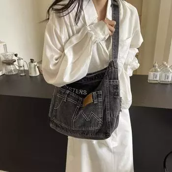 Фактурная джинсовая сумка, модная повседневная сумка через плечо, для поездок на работу, для шопинга, универсальная сумка-мессенджер большой вместимости синий