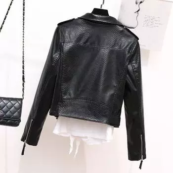 Фактурная кожаная куртка женская весна 2024 новая кожаная куртка с лацканами и погонами короткая локомотивная тонкая куртка S чёрный