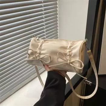 Фактурная плиссированная простая цилиндрическая сумка с бантом, женская летняя модная сумка для отдыха на одно плечо, косая женская сумка чёрный