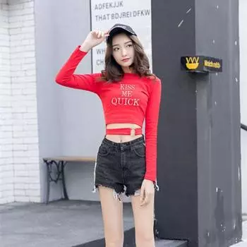 Fall 2023 Fashion Style Sexy Long Sleeves Women s T-shirt High Waist Crop-Top Short Top Tight Bottoming Shirt Women s Sports KISS (red) M