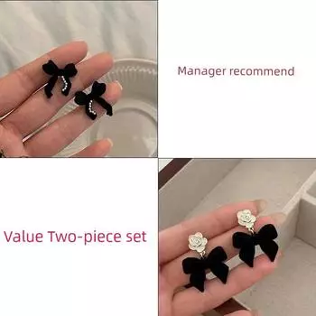 Fall and Winter Black Velvet Bows Pearl Stud Earrings Classic Style Elegant Fancy Earrings Earrings for Women Point Pearl Bows + flocking Bows Camellia earrings