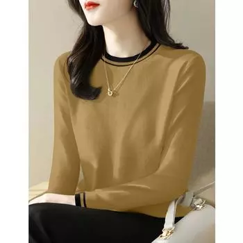 Fall and Winter Classy round Neck Multicolor Bottoming Knitted Sweater Mustard yellow [high quality fabric]] S