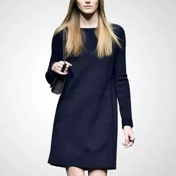 Fall and Winter Fashion Base Waist Slim Fit Long Sleeves Dress Navy blue S
