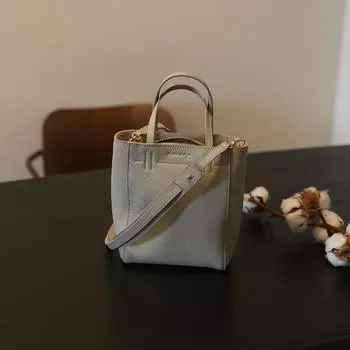 Fall and Winter French Vertical Cowhide Leather Single-Shoulder Bag Crossbody Small Size Light gray