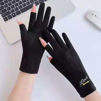 Fall and Winter Heattech Gloves Finger Leakage Women s Outdoor Cycling and Driving Work Writing Takeaway Fishing Work Half Finger Gloves De Rong [Dew Two Finger] Bows-Black One size