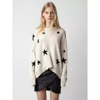 Fall and Winter New Arrival France Niche Style ZV XINGX Pattern Hole 100 Cashmere Loose Women s Knitwear Sweater White L
