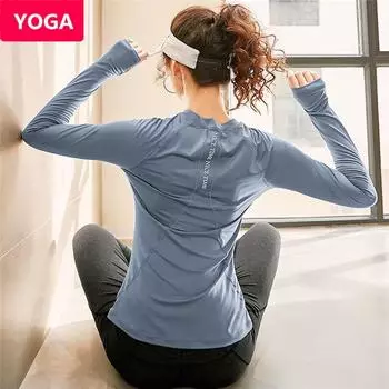 Fall and Winter New Arrival Internet Celebrity Skinny Yoga Clothes Sexy Gym Running Sports Quick-Drying Long-Sleeved T-shirt Tops Women 8008-blue gray Long sleeves S