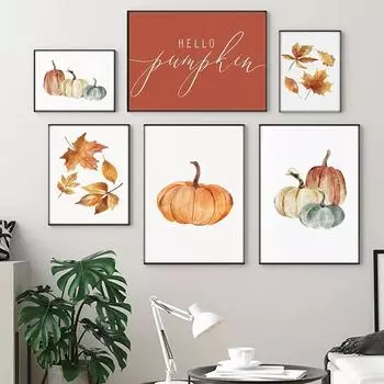 Fall Autumn Sayings Canvas Painting Hello Pumpkin Quote Wall Pictures Children Cartoon Art Print Halloween Poster Home Decor 21x30cm No Framed