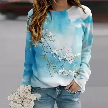 Осень-Осень женская мода O-образный вырез длинный рукав футболка свободная одежда с принтом цветка груши футболка для девочек уличная XS фиолетовый