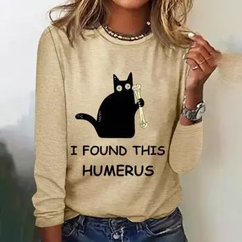 Fall Fashion Women s T-shirts Funny Cat Pattern Letter O-neck Long Sleeves T shirt Casual Loose Women Clothing Trend Pullover S