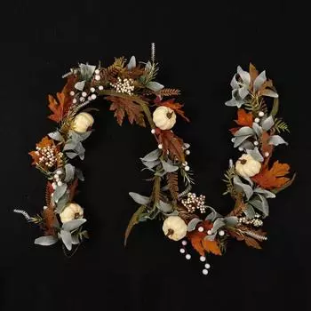 Fall Garland, 6FT Autumn Garland, Pumpkin Berries Maple Leaves Handmade Garland For Home Indoor Outdoor Halloween Thanksgiving Decoration