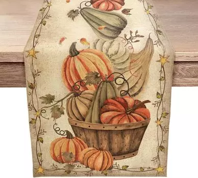 Fall Harvest Pumpkins Linen Table Runner Home Party Decor Vintage Autumn Thanksgiving Table Runner Kitchen Wedding Table Decor 150x33cm 59x13inch