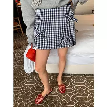 Fall Juanjie A- line Skirt Female 2025 New Design Sense Niche Style Bows Gingham Skirt Bodycon Dress Blue XL