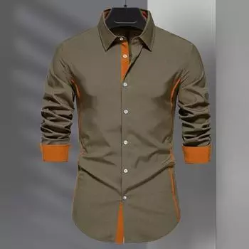 Fall Men Shirt Turn-down Collar Buttons Long Sleeves Solid Color Slim Fit Mid S синий