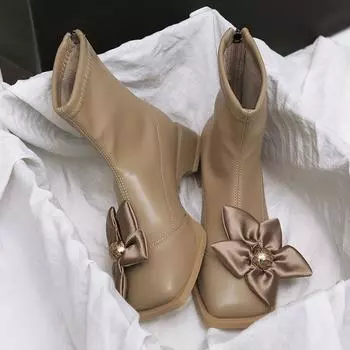 Fall New Chunky Single Boots Women s Fashion Square Head Metal Buckle Flower Back Zipper Comfortable Short Boots 35 чёрный