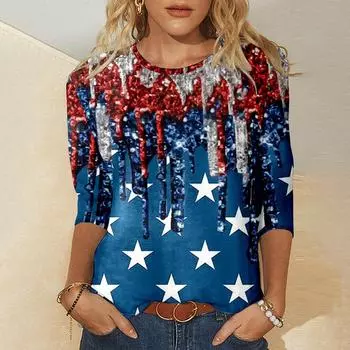 Fall New Designer Women s Long Sleeves T-shirts Fashion Funny United States Flag Print Loose Cotton Women Clothes Trend Pullover S