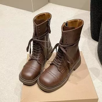 Fall New Fashion Round Front Lace-up Side Zipper Comfortable Mid-calf Boots for Women Chunky Heel Boots 35 чёрный