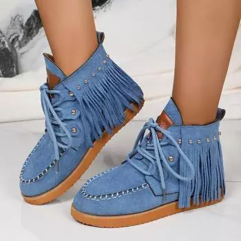 Fall New Flat Single Boot Women s Fashion Round Head Riveted Tassel Front Lace-up Soft Sole Non-slip Short Boots 36 небесно-голубой