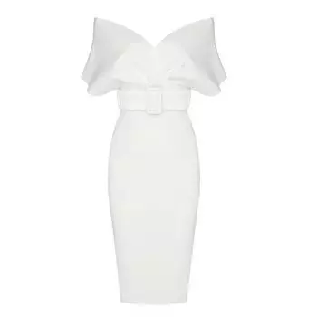 Fall New New European and American Classy off-Shoulder Chest Wrap Open Back Belt Slim Looking Dress Retro Bandage Dress for Women White L