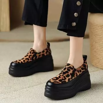 Fall New Slope Heel Single Shoes Women s Round Head Deep Mouth Leopard Thick Sole Anti-slip Wear-resistant Low-top Shoes 35 чёрный