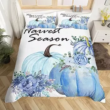 Fall Pumpkin Duvet Cover,Hand Drawn Flowers Plants Bedding Set 3pcs,Farmhouse Comforter Cover Watercolor Blue Purple Quilt Cover US Queen(228x228cm)