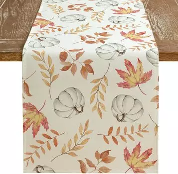 Fall Pumpkin Maple Leaf Linen Table Runner Autumn Thanksgiving Dresser Scarf Decor Kitchen Holiday Home Party Dining Table Decor 150x33cm 59x13inch