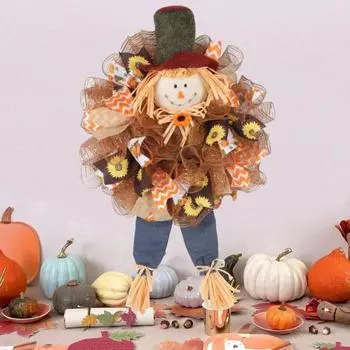Fall Scarecrow Wreath Thanksgiving Artificial Sunflower Wall Door Hanging Garland for Indoor Outdoor Farmhouse Window
