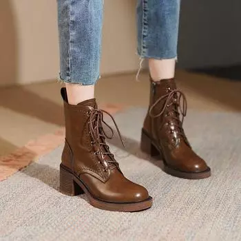 Осенняя обувь, женские сапоги, женская обувь на массивном каблуке с квадратным носком, современные ботинки из натуральной кожи в стиле ретро, короткие сапоги, зимние ботинки на каблуке 40