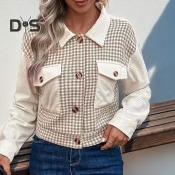 Осень-весна Женское пальто Клетчатый кардиган с застежкой на пуговицы Длинные рукава Нагрудные карманы Отложной воротник Кардиган Повседневная куртка для поездок на работу S хаки