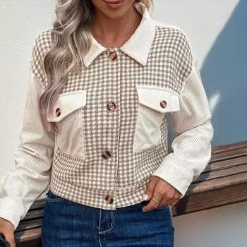 Осень-весна Женское пальто Клетчатый кардиган с застежкой на пуговицы Длинные рукава Нагрудные карманы Отложной воротник Кардиган Повседневная куртка для поездок на работу S хаки