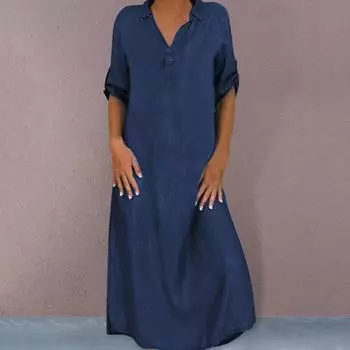 Осенне-весеннее женское платье с V-образным вырезом, короткими рукавами, запонками, разрезом по низу, платье больших размеров, однотонные пуговицы, пуловер А-силуэта, повседневная одежда XXXL темно-синий