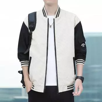 Осень-весна мужская бейсбольная куртка с воротником-стойкой на молнии контрастного цвета большого размера, свободная, тонкая, с карманами L чёрный