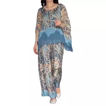 Осенне-весенний женский наряд, стильный женский комплект из футболки и брюк с цветным принтом, рукавами «летучая мышь», эластичной талией для модного стиля M синий