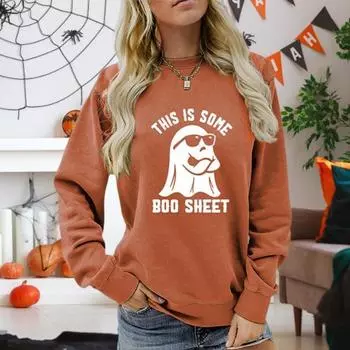 Fall Spring Women Top Digital Cartoon Printing Round Neck Long Sleeves Pullover Loose Halloween Sweatshirt Sport S оранжевый