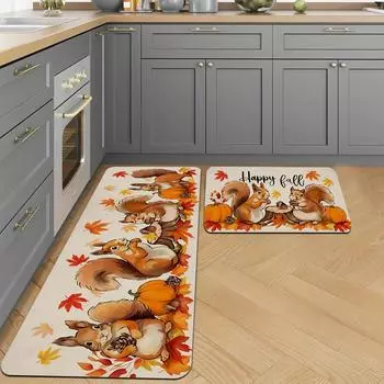 Fall Squirrel Kitchen Mat Autumn Maple Leaf Entrance Non-slip Doormat Bedroom Laundry Bathroom Floormat Thanksgiving Decorations 40x60cm 16x24inch