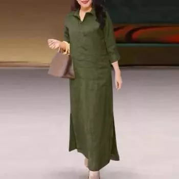 Осень-лето, женское свободное платье с воротником, однотонное, цветное, с длинными рукавами, платье трапециевидной формы с отложным боковым разрезом 4XL темно-коричневого