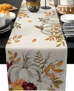Fall Thanksgiving Linen Table Runner Autumn Pumpkin Retro Maple Leaves Harvest Table Runner for Kitchen Scarf Dining Table Decor 150x33cm 59x13inch