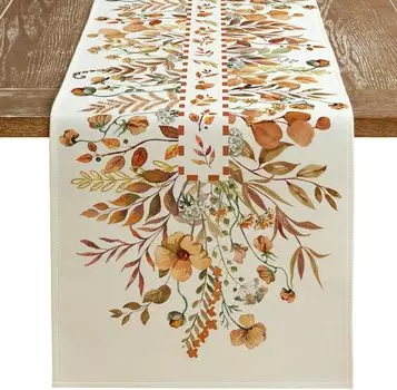 Fall Thanksgiving Linen Table Runner Dresser Scarf Autumn Wildflower Leaves Floral Table Runner Kitchen Party Dining Table Decor 150x33cm 59x13inch бежевый