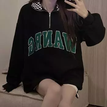 Fall Wear American Retro Lettering Embroidered Half Zipper Black And White Checked Lapel Hoodie For Women Loose Bf Style Top M чёрный
