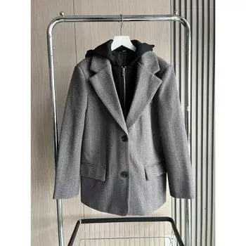 Осенне-зимние поступления, женское пальто с капюшоном и длинными рукавами в елочку с накладными плечами XS