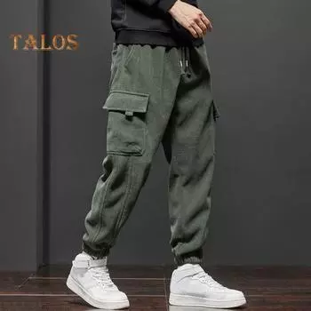 Осень-зима мужские брюки-карго свободные с завязками на резинке на талии большого размера джоггеры утолщенные однотонные карманы фитнес уличная одежда для активного отдыха путешествия спорт M чёрный