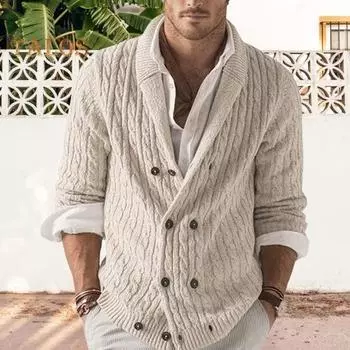 Осенне-зимний мужской свитер, двубортный, с пуговицами, отворотами, длинными рукавами, скрученной текстурой, однотонное толстое эластичное трикотажное пальто S белый