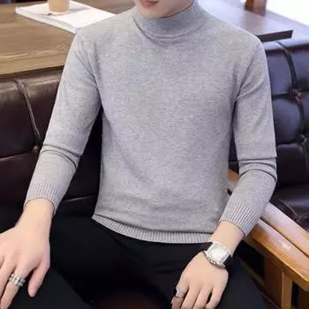Fall Winter Men Sweater Half-High Collar Knit Thick Plush Lining Elastic Long Sleeves M серый