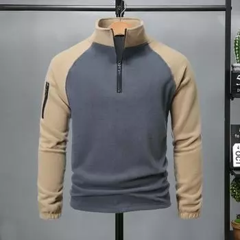 Fall Winter Men Top Half Zipper Stand Collar Neck Protecting Colorblock Polar Fleece Mid Length M темно-синий