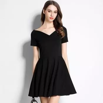 Fall/Winter Slim off-the-Shoulder Short Annual Meeting Dress Black Dress Black [short sleeve]] S