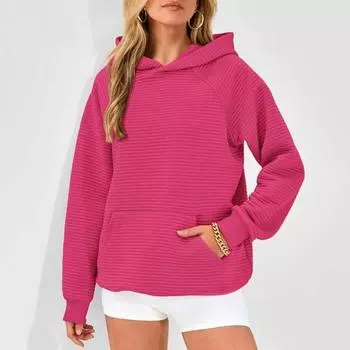 Осень-зима Женская толстовка с капюшоном, свободная, с большим накладным карманом, однотонная, с капюшоном, эластичные манжеты, повседневная, на каждый день S розовый