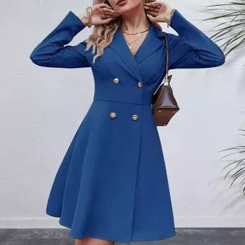 Осень-зима Женская куртка двубортная А-силуэта приталенная с отложным воротником узкая талия чистый цвет формальный деловой L чёрный