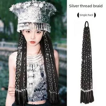 False Braids Children s Miao S Ethnic Style Cable Stitch Long Braid Tibetan Style Color Small Braid Silver String Dreadlocks Pair Ponytail Wig Tibetan silver braid [single]]