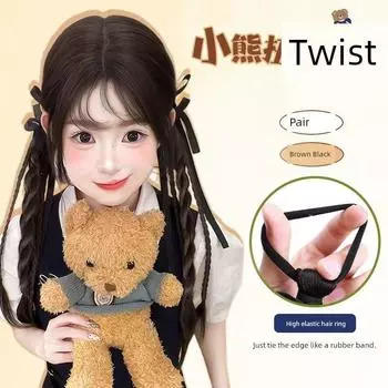 False Braids Women s Grip New Chinese Ballet Style Ribbon Braided Hair Internet Celebrity Cable Stitch Long Braid Hair Accessories Double Ponytail Wig Bear twisted braid [brown and black] a pair